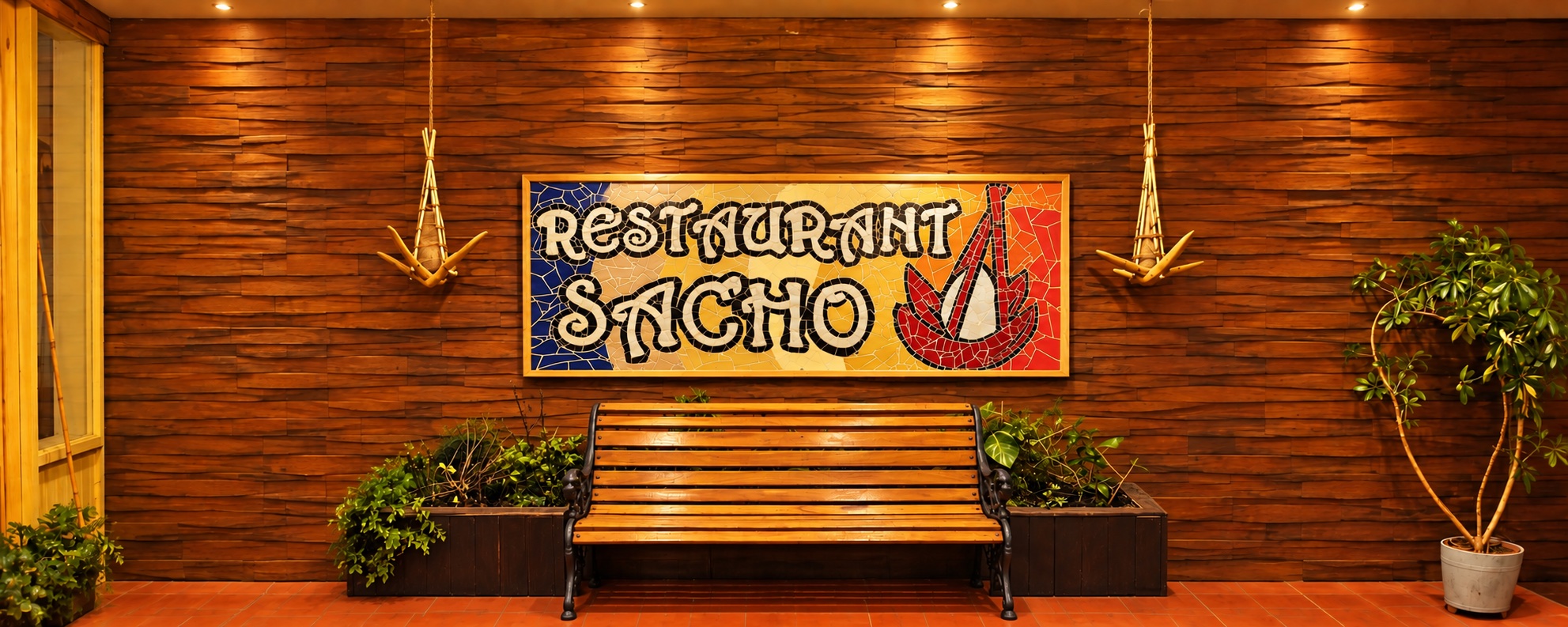 Mosaico y banca de Restaurant Sacho en Castro
